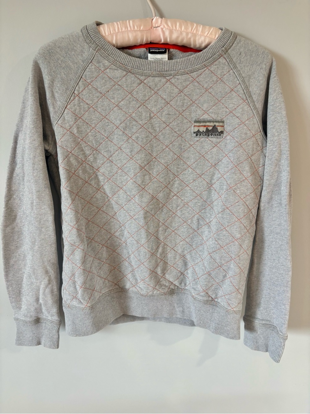 Patagonia Gray Crewneck Sweater with Coral Quilted Stitching